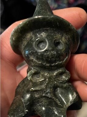 Carved Green Stone obsidian or serpentine Halloween Witch Figurine